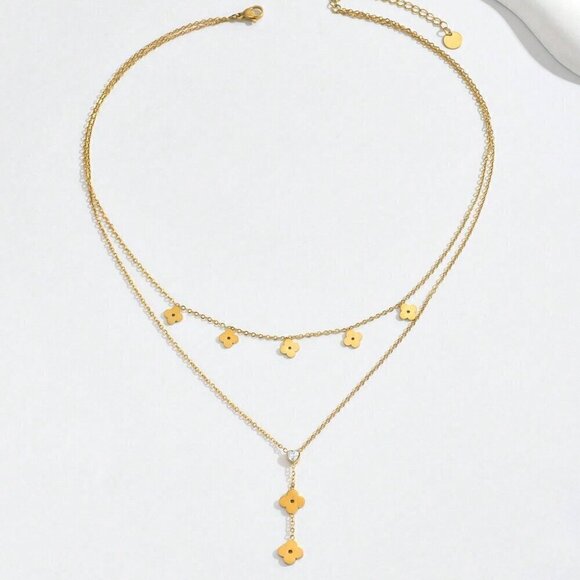 18k Gold Clover Layered Necklace with Rhinestone Y-shaped design - Picture 5 of 5